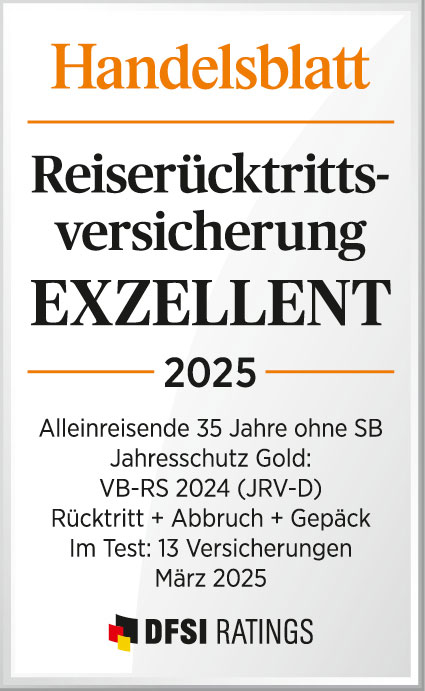 Handelsblatt-Auszeichnung Exzellent für Jahresschutz Gold für Alleinreisende Handeslblatt-Auszeichnung "Exzellent" für Jahresschutz Gold 2025 für Alleinreisende