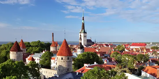 Man erkennt eine Vielzahl von roten Dächern. Im Hintergrund ist ein Kirchenturm zu sehen.