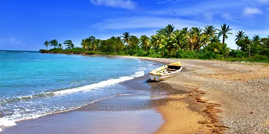 Ein kleines Boot liegt an einem Strand und im Hintergrund befinden sich Palmen.