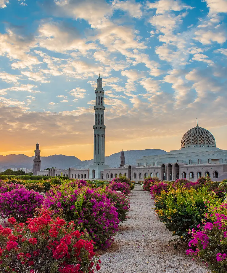 Man sieht eine große Moschee in Maskat. Vor der Moschee sind bunte Büsche gepflanzt. 